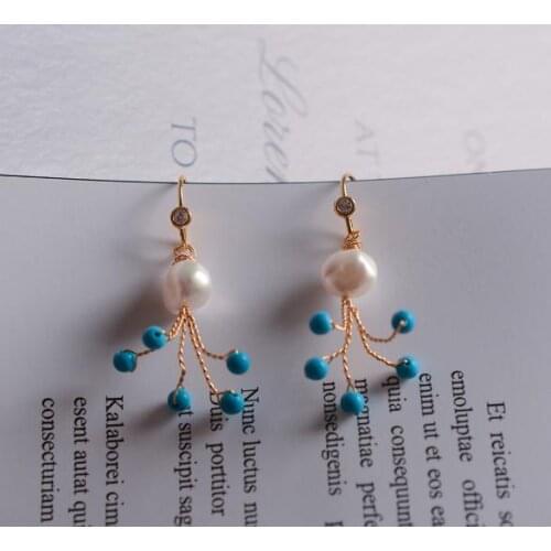 New Natural Pearl Earrings Pine Stone Fireworks Earrings Handmade White Baroque Real Freshwater Pearl Turquoise Fine Jewelry