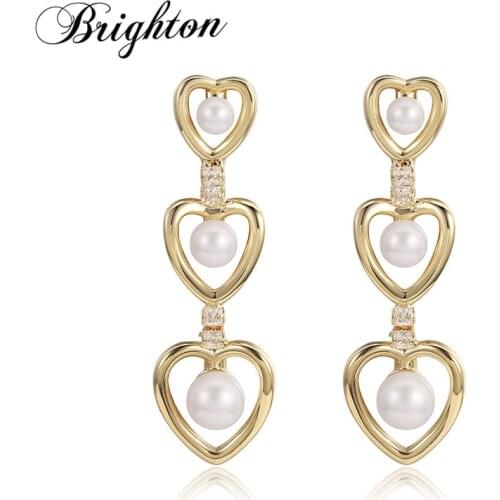Brighton 2021 New Cute Multilayer Heart Simulated Pearl Long Drop Earrings For Woman Crystal Sweet Wedding Party Jewelry Girl