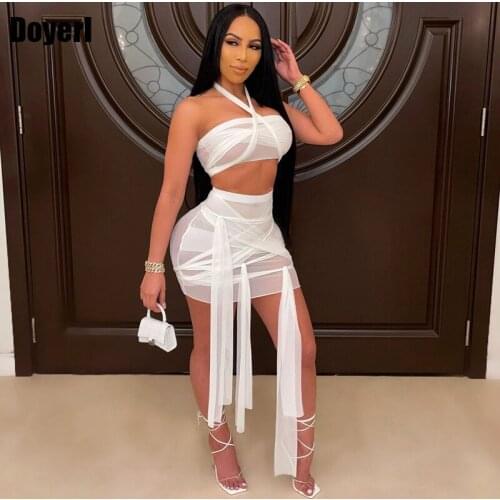 Mesh Sexy Two Piece Bandage Skirt Set for Women Crop Top Mini Skirts Set Club Party Summer 2 Piece Set Women Festival Clothing