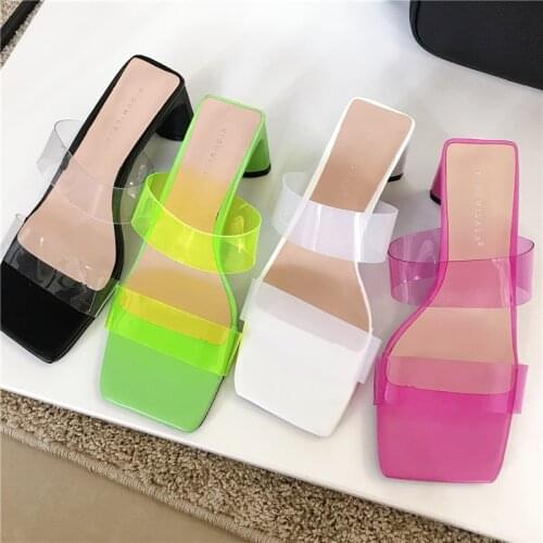 2021 New Transparent PVC Women Slipper Fashion Brand Square Crystal Heel Slides Summer Outdoor Beach Flip Flop Female Sandals