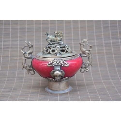 Antique Old QinDyansty silver&jade censer,Lion&Dragon, bring good luck, get rid of evil,Free shipping