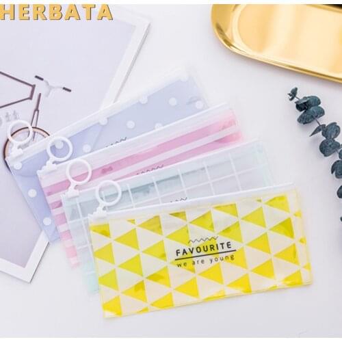 Korean Stationery Little Fresh Ring Flat Pull Translucent Pencil Bag Storage Bag Student Stationery Escolar Papelaria CL-1999
