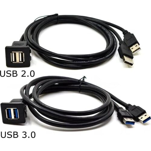Square 2 Ports Dual USB 2.0 3.0 A male to female AUX Flush Mount Extension Cable for Car Truck Boat Motorcycle Dashboard Panel