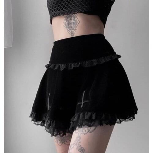 Women Lace Goth Skirt High Waist A Line Kawaii Punk Gothic Grunge Clothes Dark Academia Y2K Aesthetic Black Velvet Mini Skirt