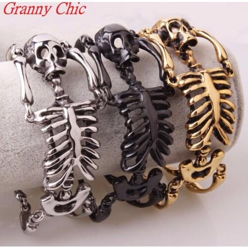 Granny Chic Big Skull Bones Bracelet Statement Gothic Jewelry Silver Gold Black Stainless Steel Skeleton Mens Rock Punk Bracelet