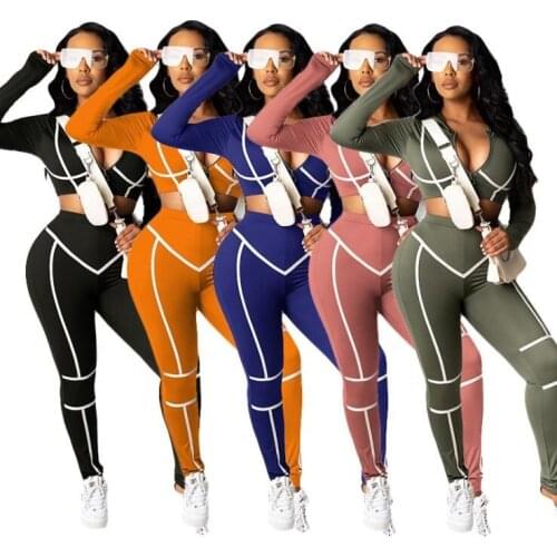 New arrival Fall women clothes fashion two Piece Solid color tight stitching casual sexy suit women long sleeve Jogging suit