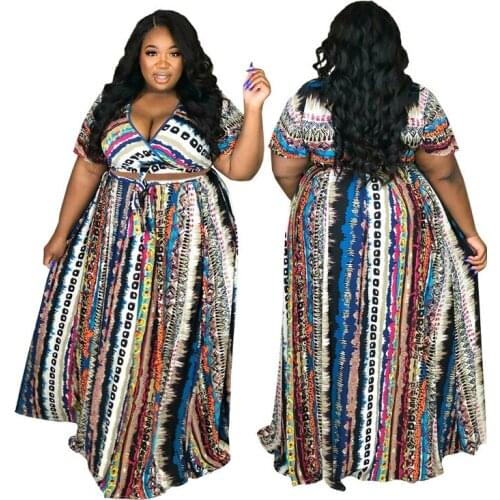 Women Summer Sets 2021 Boho Print V-neck Crop Top + Long Skirts Two Piece Set Festival Sexy Club Vacation Outfits Plus Size 5XL