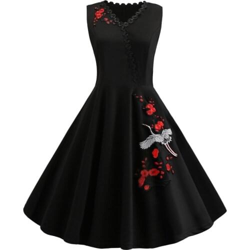 JIEZuoFang 2019 Vintage Rockabilly Swing Party Dress Female Elegant Embroidered Vestidos Women Retro Dress Plus Size