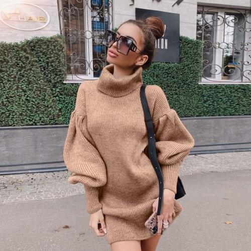 Autumn Winter Knitted Sweater Dress Women Turtleneck Lantern Sleeve Mini Dress Casual Loose Long Sleeve Party Dresses Vestidos