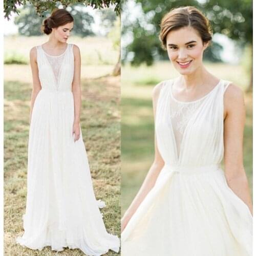2021 New Elegant Simple A-Line Round Neck Chiffon Vintage Sleeveless Sexy Illusion Back Sweep Train Wedding Gown Wedding Dress
