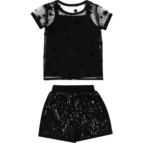 Children Girls Clothing Sets Kids Girls Transparent Short Sleeve T-shirts+Crop Tops+Sequins Shorts Pants 3pcs Outfits