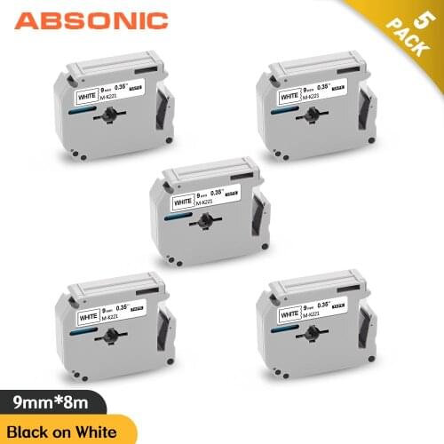 Absonic 5PCS M Tape 9mm M221 MK221 M-K221 Black on White Label Tape Compatible for Brother P Touch LabelMaker PT-M95 PT-90 PT-80