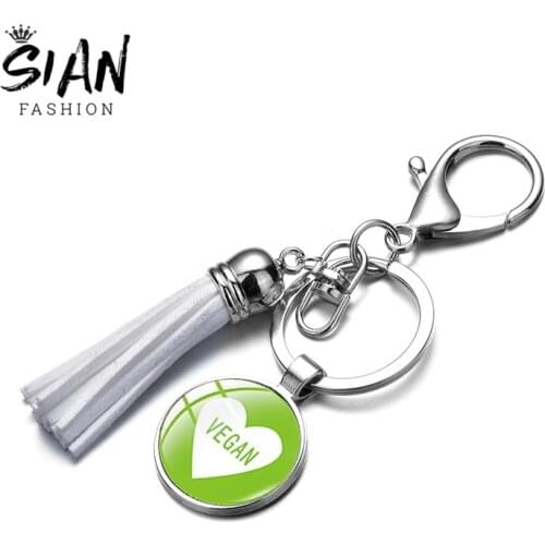 SIAN Vegan Symbol Leather Tassel Key Chain Vegetables Diet Charm Crystal Metal Keyring Women Vegetarian Bag Trinkets Decoration