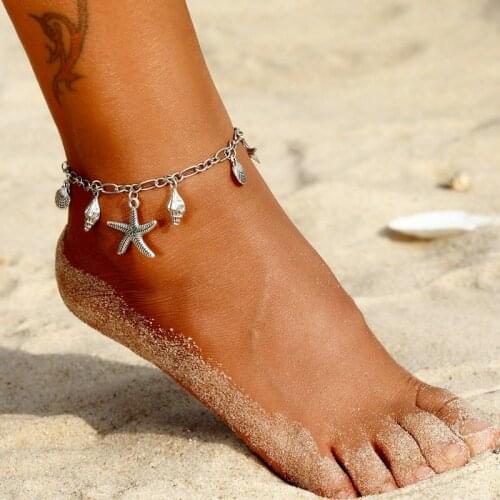 Retro Constellation Simple Chain Anklet Starfish Shell Beach Ankle Bracelet for Women Foot Jewelry Beaded Sandals Accessory Gift