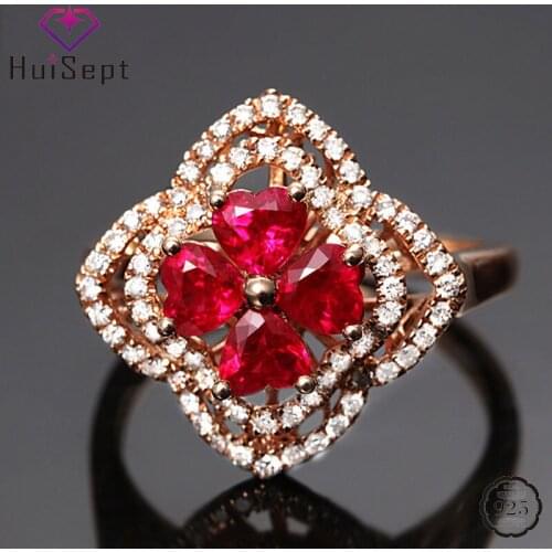 HuiSept Elegant Silver 925 Jewellery Women Ring Flower Shape Ruby Zircon Gemstones Open Rings for Women Wedding Party Wholesale