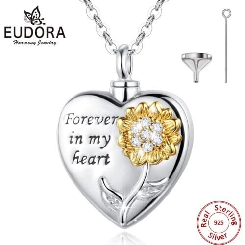 Eudora 925 Sterling Silver Sunflower Keepsake Heart Locket Necklace CZ Pendant Memorial Urn Jewelry for Cremation Ashes Of Loved