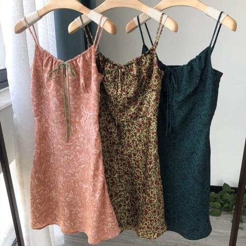Ins Floral Print Playful Short Silk Tie Dress Lazy Sexy Suspender Mini Dress