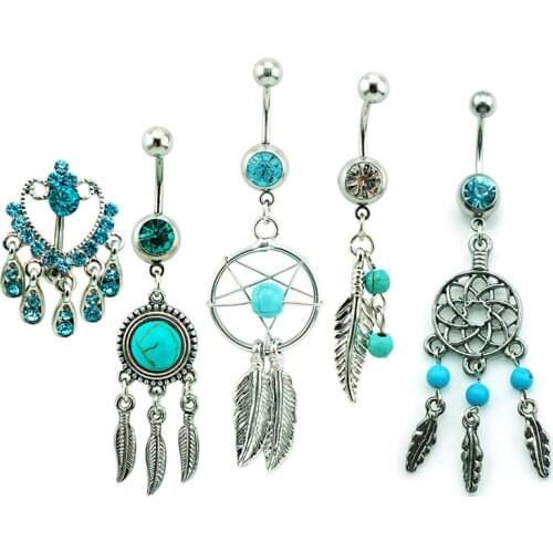 JINGLANG Silver Color Belly Button Rings Stainless Steel Barbells Dangle Lake Blue Rhinestone Navel Rings Piercing Body Jewelry