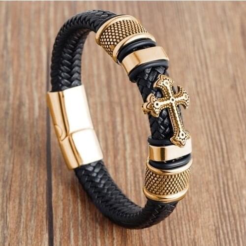 Classic Christian Stainless Steel Cross Leather Braided Bracelet Religious Style Prayer Jewelry
