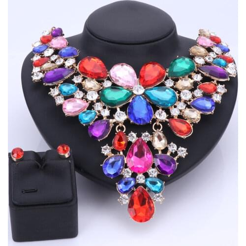 African Beads Jewelry Sets For Women Accessories Wedding Bridal Rhinestone Crystal Flower Statement Necklace Earring Jewelry Set