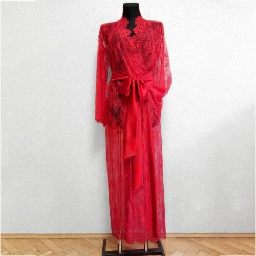 Red Lace Bridal Dressing Gown V Neck Long Sleeve Lingerie Wedding Bathrobes Women Boudoir Sleepwear Nightgowns