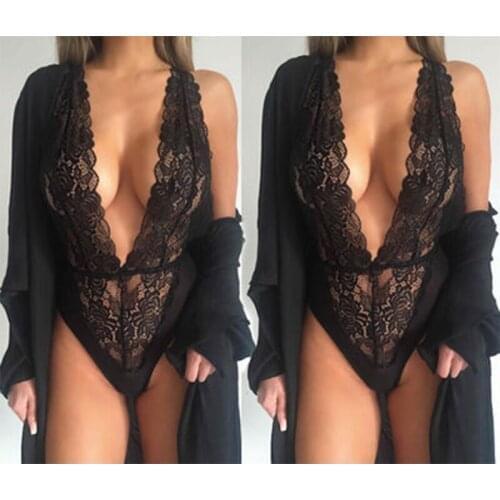 Red Hollow Lingerie Set Plus Size Women Lace Deep V Erotic Bra Set Perspective One Piece Sexy Underwear Halter Open Bra
