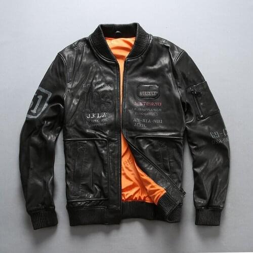 AVIREXFLY 2018 New Men Black Indian Pattern A1 Pilot Jacket Fashion Collar Sleeve Bottom Pleated Sheepskin Air Force Jackets