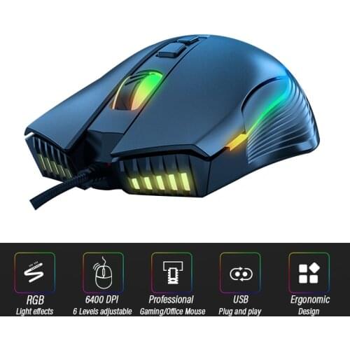 Wired Gaming Mouse Mice 6400DPI Ergonomic Optical Sensor 7 Independently Buttons For Laptop PC Gamer