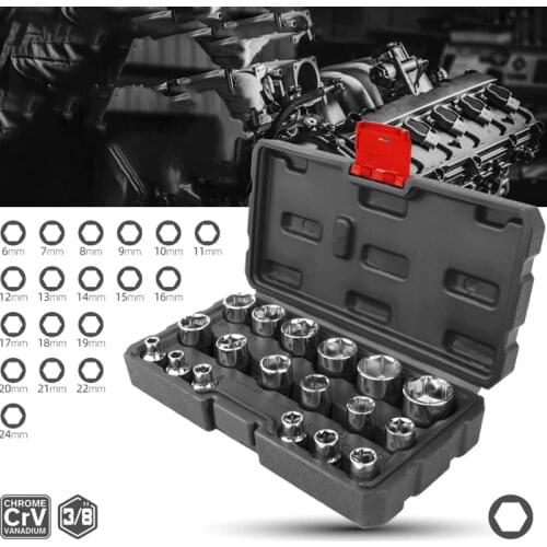 18pcs Medium Socket Set Tool Box 3/8 Chrome Vanadium Steel External Hexagon Socket Head Tool Set Wrench Set Caneta Garage Tools