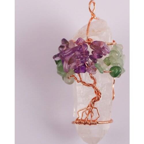 Natural Clear Crystal Lucky Pillar Pendant Mixed Stone Wire Wrapping Jewelry 1PCS S3002