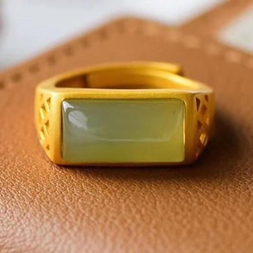 New Silver Inlaid Natural Hetian Jade Edge Triangle Pattern Hollow High Sense Opening Adjustable Male And Female Couple Ring