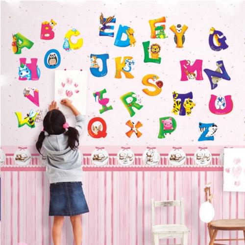 New A-Z Alphabet Letters Animals Mural Wall Sticker for Kids Room Decals Nursery Bedroom Decor School Classroom Background Inall