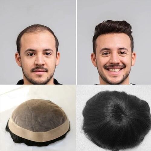 Human Hair Wig For Male Fine Mono Natural Human Hair Mens Wig Toupee Real Remy Hair Replacement System For Men Toupee