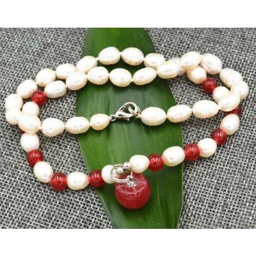 Genuine natural 6-7mm White Freshwater Cultured Pearl & Red Ruby Pendant Necklace 18"