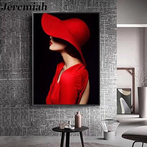 Nordic Fashion Beauty Canvas Painting Red Skirt Hat Poster Wall Art Modern Home Room Decoration Accessories