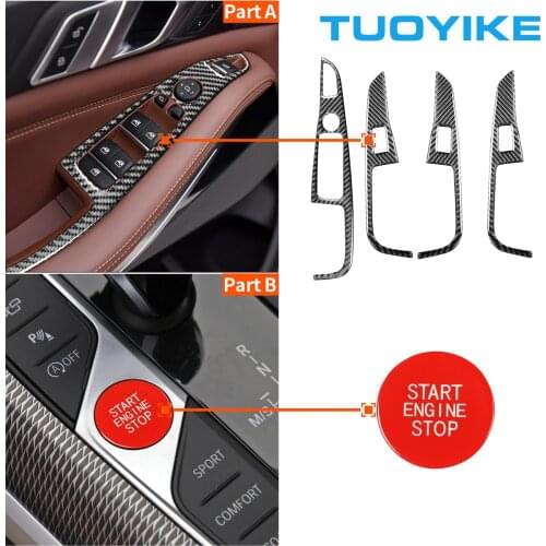 Car Styling Carbon Fiber Window Lift Switch Button Panel Cover Frame With Red Start Stop Engine Button For BMW NEW X5 G05 X7 G07