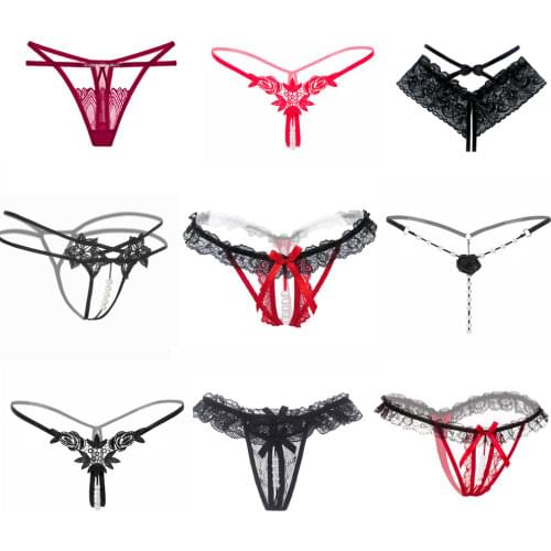 Sexy G-string T Panties Female Underwear Lace Thongs Womens Pants Sexy Pearl panties Erotic Women Crotchless panties plus size