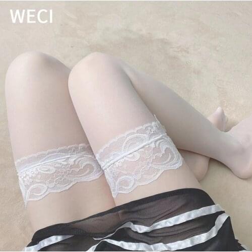WECI Sexy White Thigh High Stockings Ladies Red Over The Knee Socks Girl Kawaii Tights Transparent Frilly Garterbelt Erotic Lace