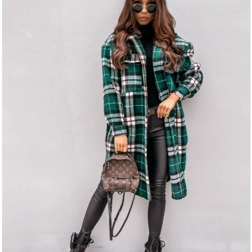 Women Long-Sleeved Plaid Printed Shirt Jacket Autumn Winter Fashion Loose Turn Down Collar Single-Breasted Long Shirt Coat Femme