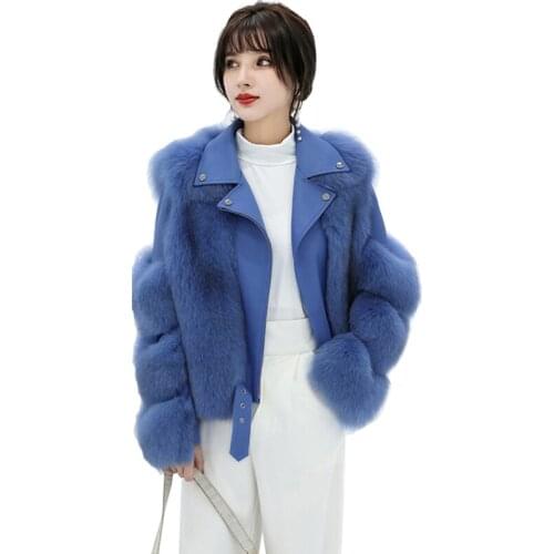 Winter Jacket Female Fashion Real Fox Fur Coats Genuine Sheepskin Leather Wholeskin Natural Fox Fur Jacket Outwear Overcome