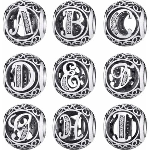 925 Sterling Silver Vintage A to T Clear CZ Letter Alphabet Round Beads Fit BISAER Charm Bracelets Original Jewelry EDC008
