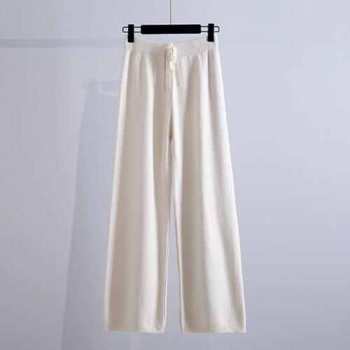Wide Leg Knitted Women Pants Winter New 2021 High Waist Elastic Solid Loose Ankle Length Female Clothing Top Quality