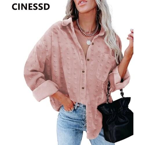 CINESSD Women Jacquard Chiffon Blouses Polo Neck Long Sleeves Single Breasted Casual Loose Tops Cardigan Button Solid Blouses