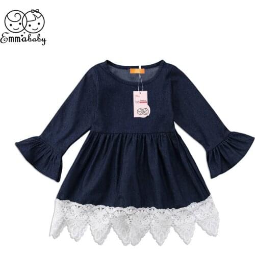 Emmababy 1-7T Children Lovely Girls Denim Lace dress girls long sleeve Pageant Party fashiong bebe sundress dresses dress girl