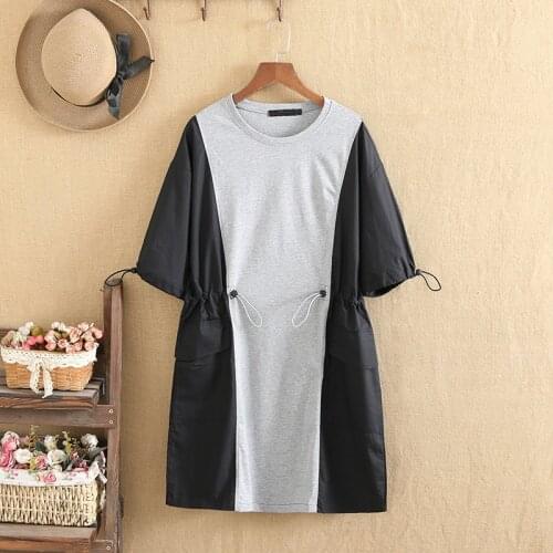 Plus Size Dresses For Women O-Neck Short Sleeves Satin+Cotton Color Splicing Waist Adjustable Drawstring Design Summer Dresses
