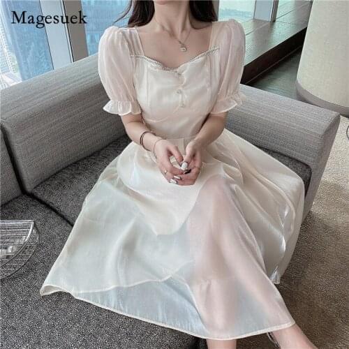 Women High Waist Spring Summer Dresses Sweet Square Collar Flare Sleeve Dress 2021 New Short Sleeve Midi Long Dress Robe 14088
