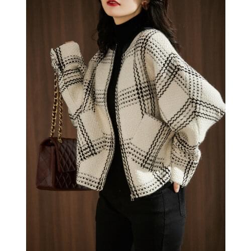 2021 spring and autumn womens new fashion Joker loose zipper casual black and white check wool coat