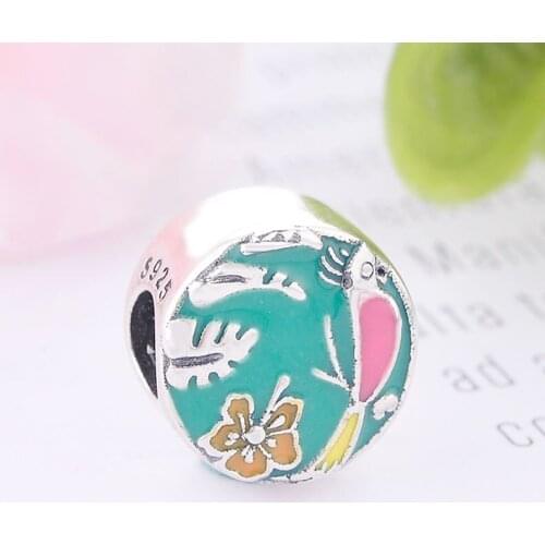 100% 925 Silver Enchanted Pink Bird Yellow Flower Leaf Bead Fit Original Pan Charm Bracelet Making Kids Berloque Spring 2020