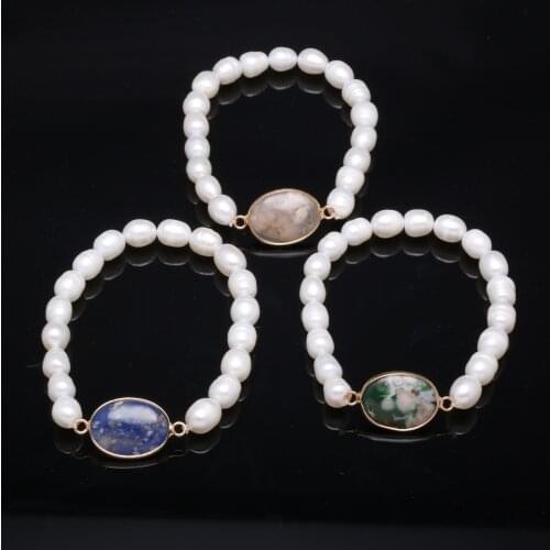 Natural Freshwater Pearls with Agates Bracelet Jewelry Handmade Fashion Rice Shape Pearl Beads Bracelets Bangle for Women