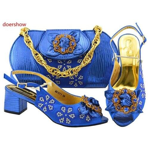 Doershow fashion blue color Italian Shoes With Matching Bag High Quality Italy Shoe And Bag set For wedding and party!BF1-37